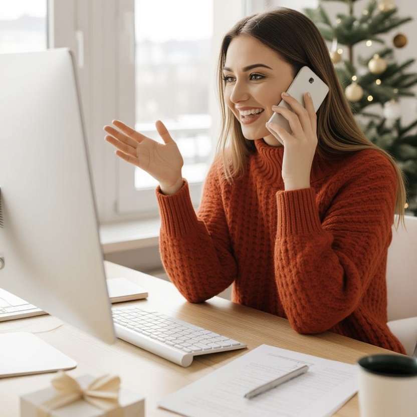 woman talking on phone booking holiday parties