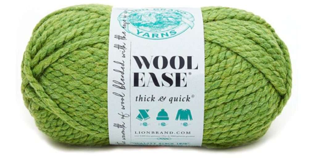 Lion brand wool ease thick and quick yarn in the color "grass" used for dog cowl knitting pattern