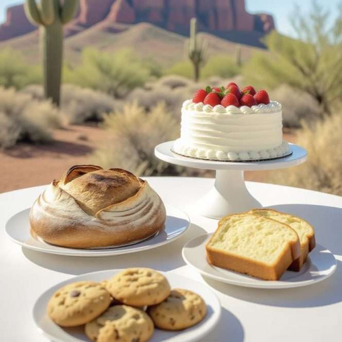 sourdough bread, cake and cookies on a table in the desert in Arizona