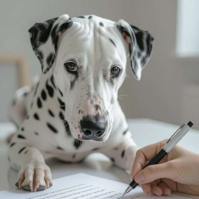 Dalmatian laying down as someone writes on a piece of paper