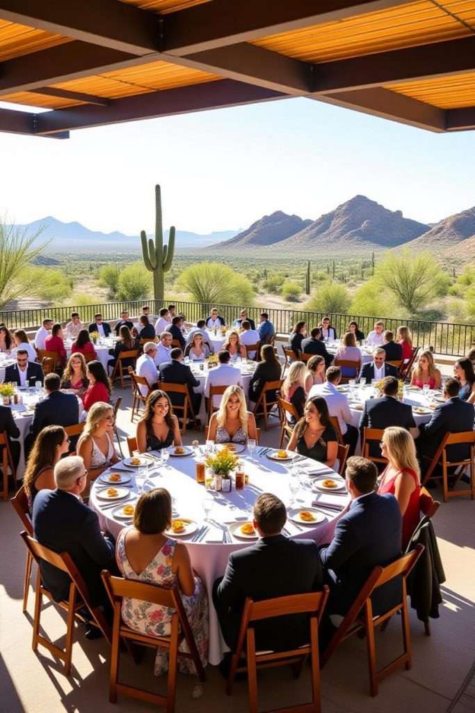 people at round banquet tables in Arizona for a Destination Management Company mobile craft workshop