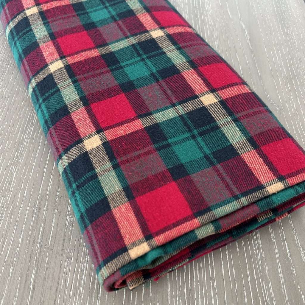 red, green, yellow flannel fabric from Fabric Wholesale Direct for making a no-sew gnome