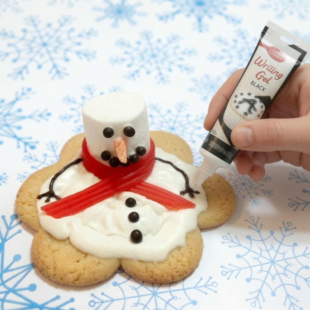 adding arms to a melted snowman cookie with black writing gel