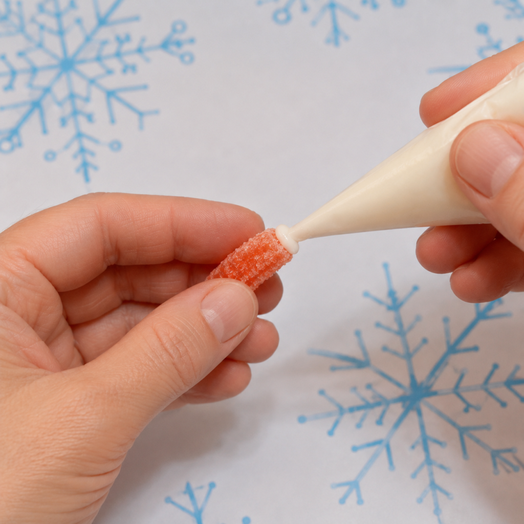 adding frosting to orange slice candy