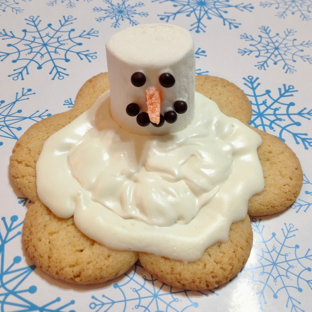 cookie with frosting and a marshmallow as snowman's face with black eyes and mouth and an orange nose all made out of candy