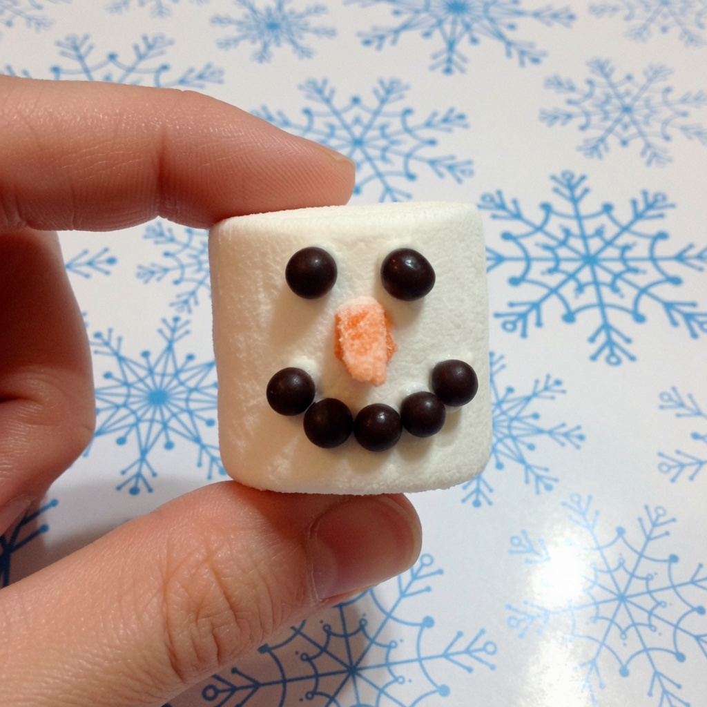 a marshmallow with black pearl candy eyes and orange slice candy nose to create a snowman face