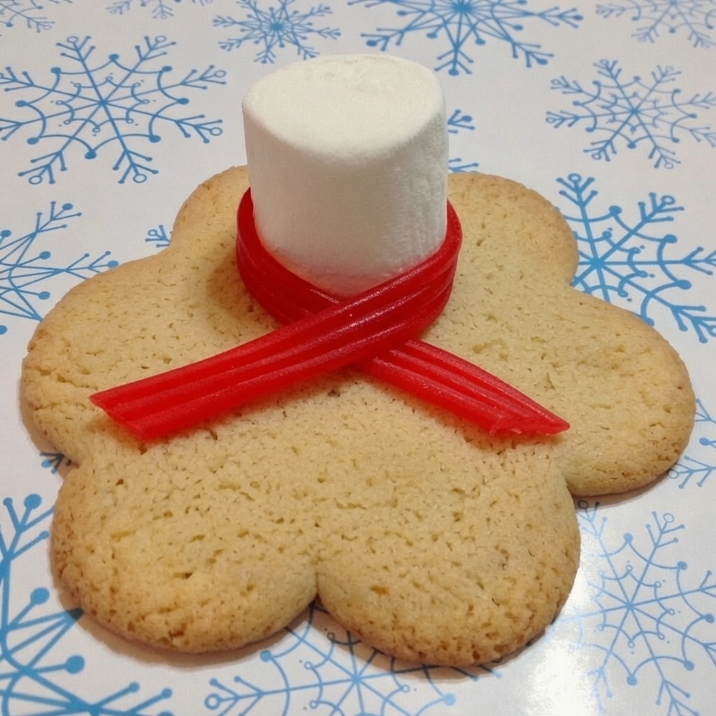 cookie with a marshmallow on top and twizzler pull n peel wrapped around the marshmallow as a scarf