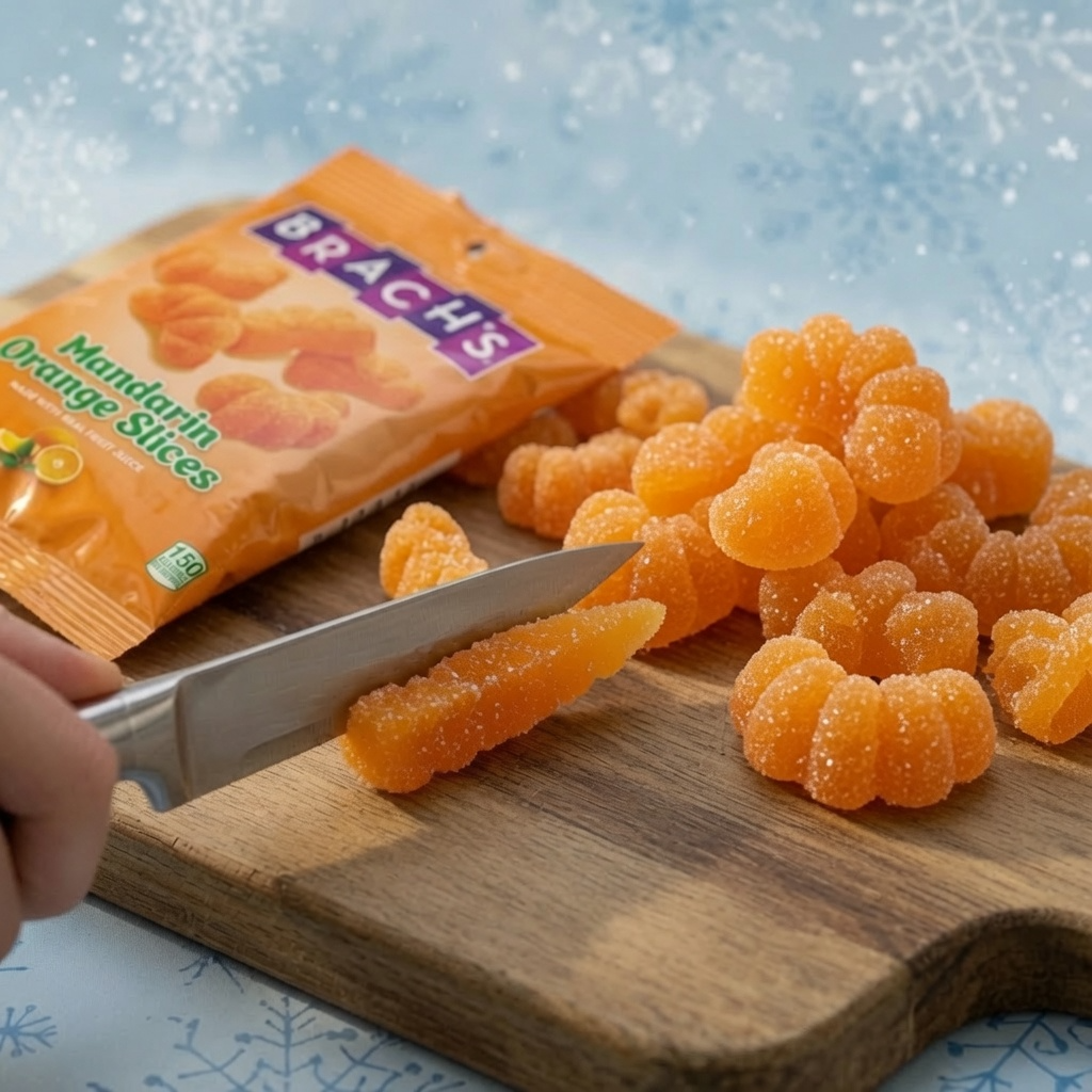 orange candy being cut into triangle pieces