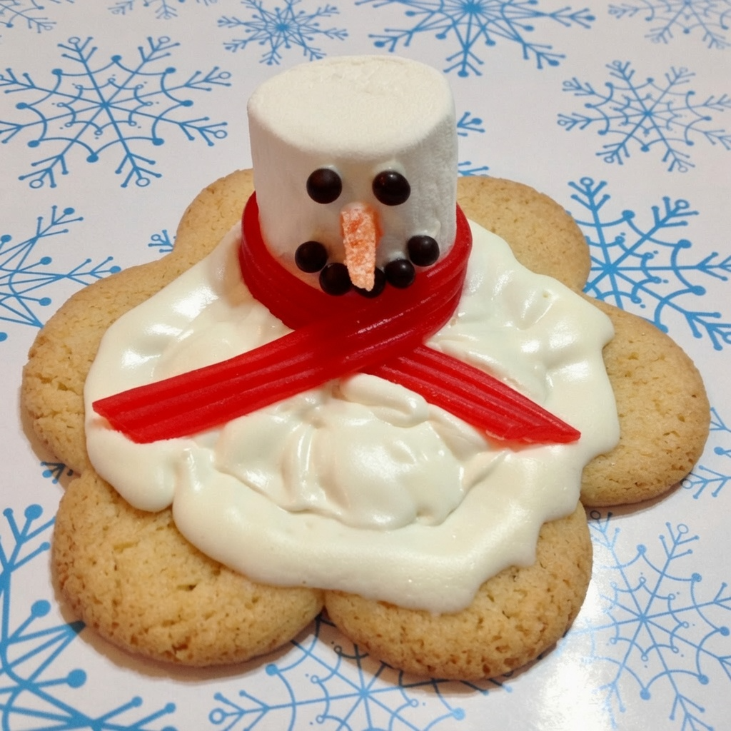 cookie with frosting and a marshmallow as snowman's face with black eyes and mouth and an orange nose, and a red scarf wrapped around, all made out of candy.