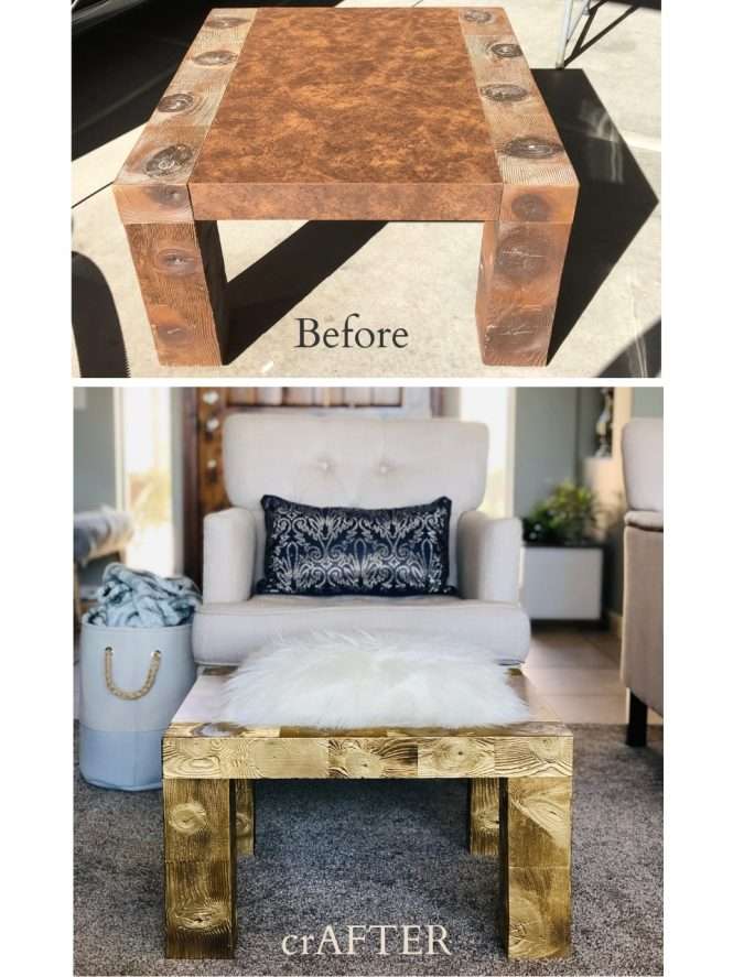 before and after picture of an end table turned into a footrest