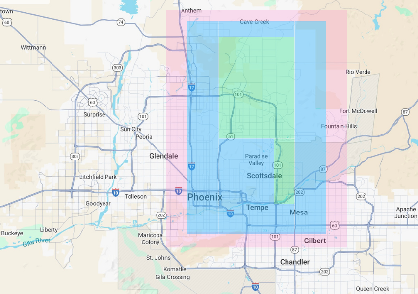 Map of the phoenix metro area, showing service areas for mobile holiday craft parties